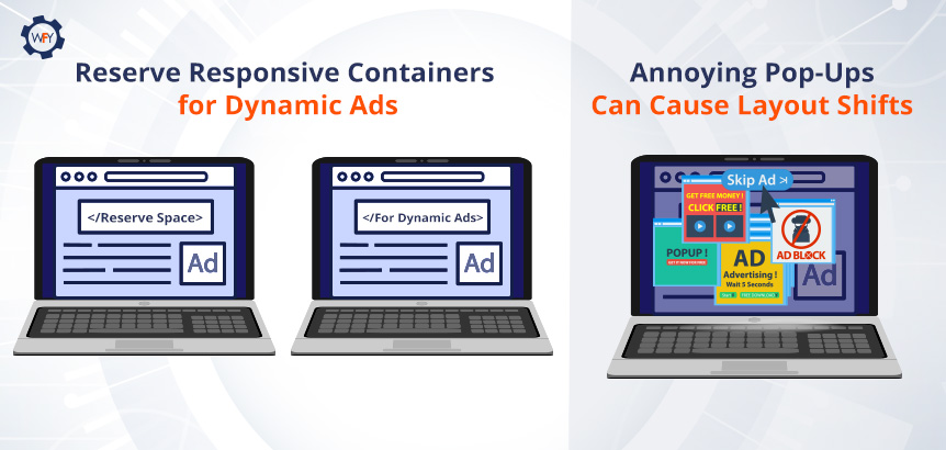 Three Laptops With Purple Webpages Two Reserved Ad Space the Other Has Pop-Ups Causing Layout Shifts